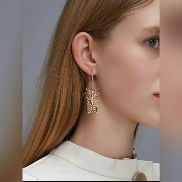 Gold Cicada Drop Earrings - Picture 2 of 3